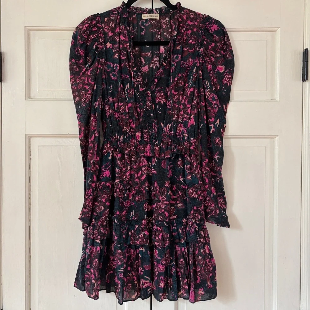 Ulla Johnson Prissa Mini Dress Size 2 Midnight‎ Floral Cotton Ruffle Puff Sleeve
